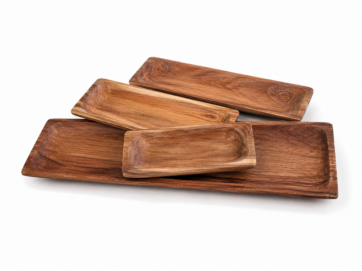 Rectangular teakwood serving plates in four sizes