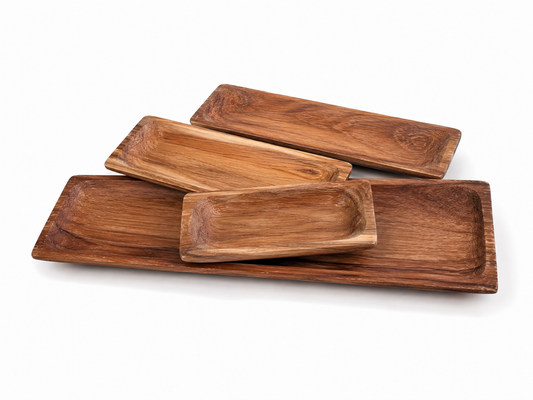 Rectangular teakwood serving plates in four sizes
