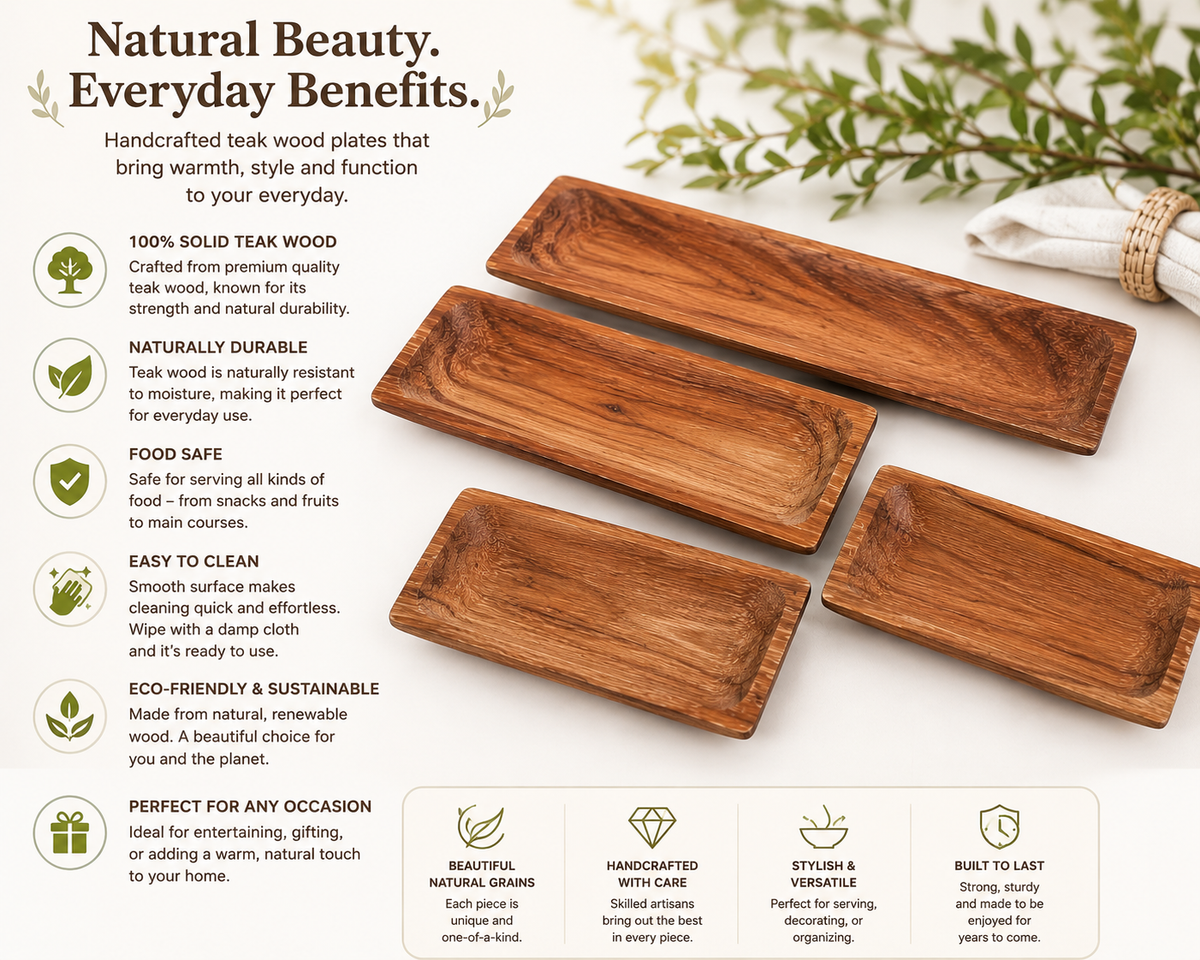 Two rectangular handcrafted teak wood plates displayed on a light beige background with a product information graphic on the left and a feature summary on the bottom right. The graphic includes text such as 'Natural Beauty.