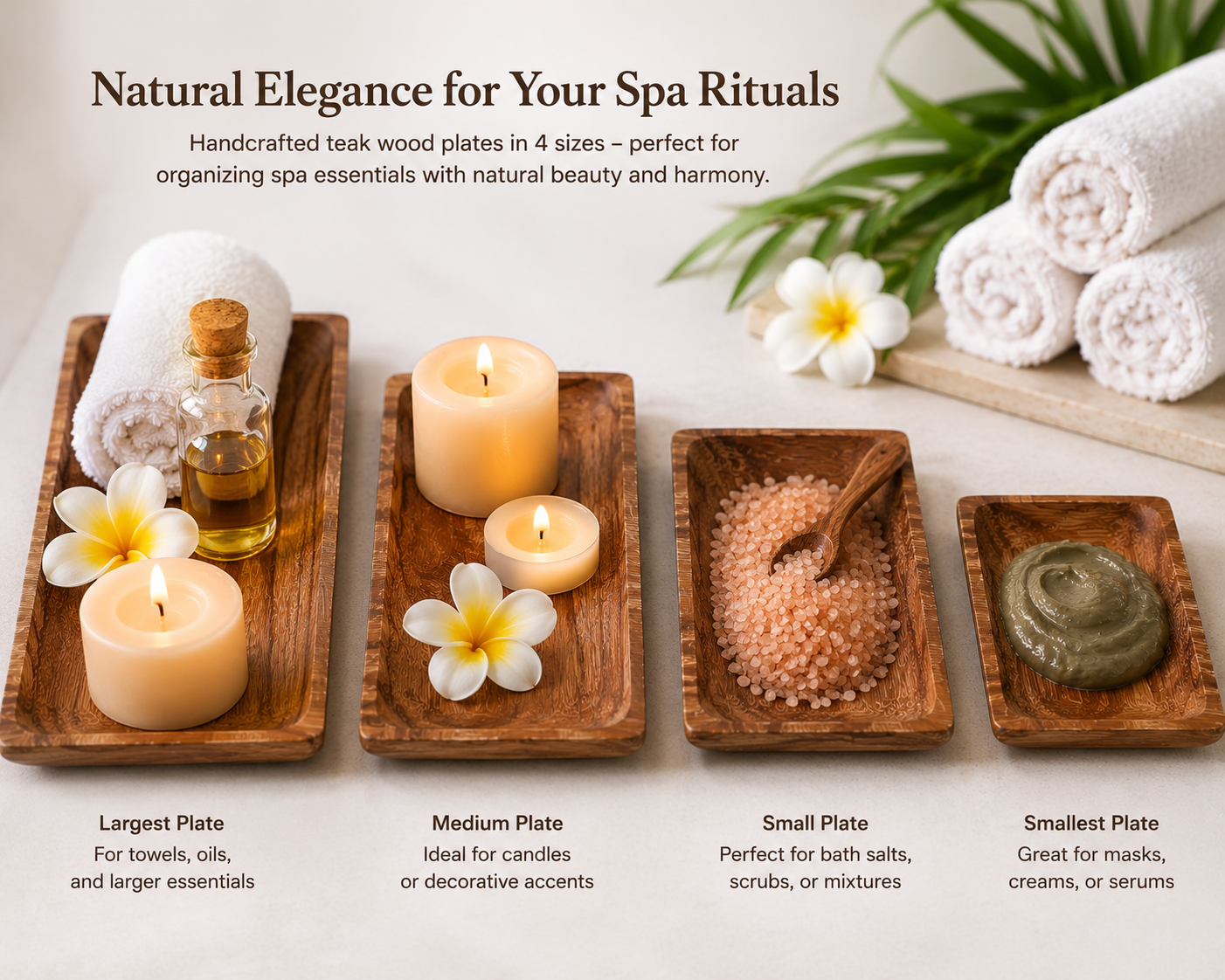 Four handcrafted teak wood plates in different sizes arranged on a light marble surface, styled with spa items including rolled towels, candles, flowers, bath salts, and an essential oil bottle. Text at the top reads 'Natural Elegance for Your Spa Rituals' and labels each plate by size and use.