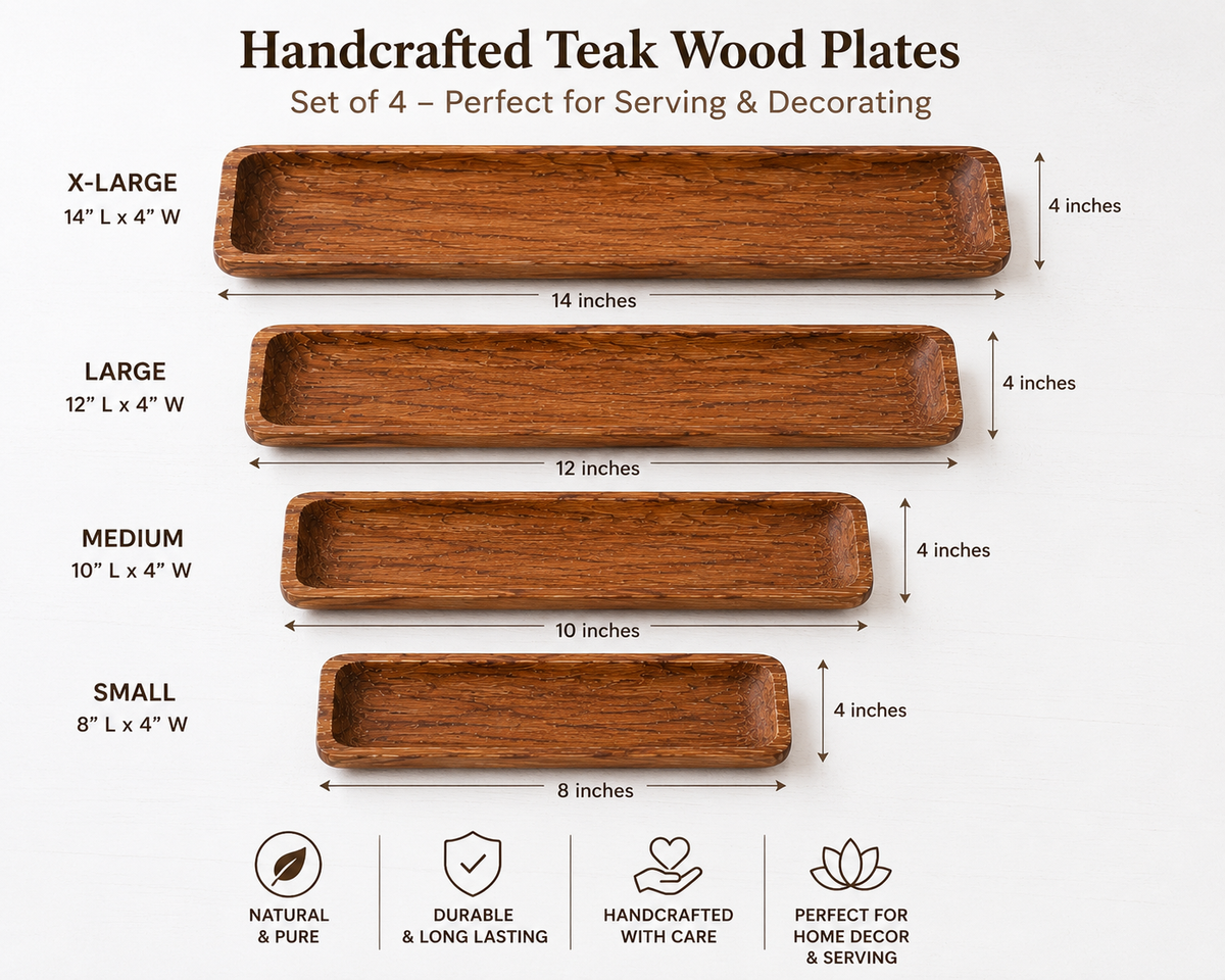 A product infographic showing four handcrafted teak wood serving trays in different sizes (X-Large, Large, Medium, Small) with dimension labels and feature icons on a light background.