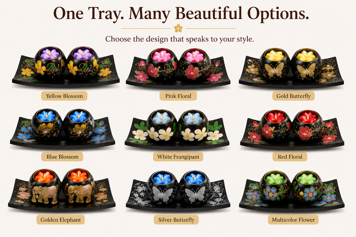 A product options chart showing twelve different pairs of decorative flower-shaped bowls on black trays, labeled with names such as Yellow Blossom, Pink Floral, Gold Butterfly, Blue Blossom, White Fragrance, Red Floral, Golden Elephant, Silver Butterfly, and Multicolor Flower. The top text reads 'One Tray.