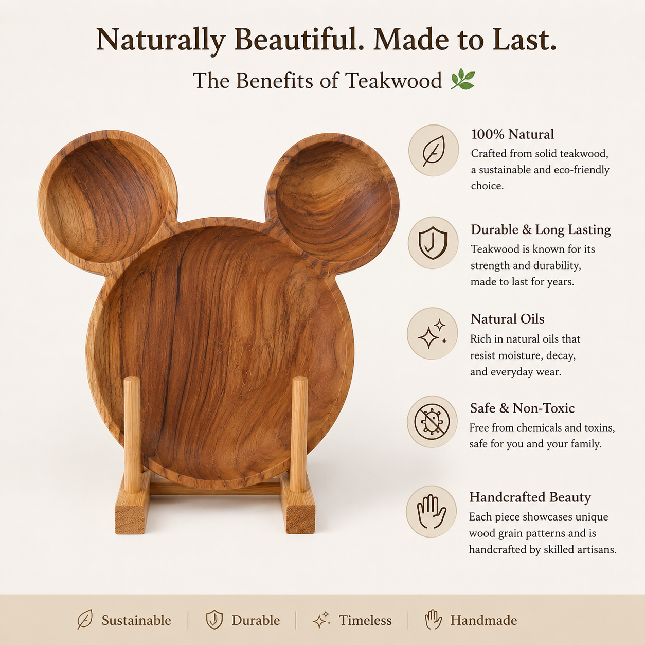 A teakwood mouse-shaped bowl or dish on a small wooden stand, shown against a light beige background with marketing text about the benefits of teakwood. The text highlights natural wood, durability, natural oils, safety, and handcrafted beauty.