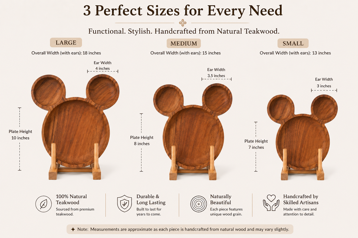 An infographic titled '3 Perfect Sizes for Every Need' showing three wooden mouse-shaped standees labeled Large, Medium, and Small, with measurements for overall width, ear width, plate height, and handcrafted details on a light gray background.