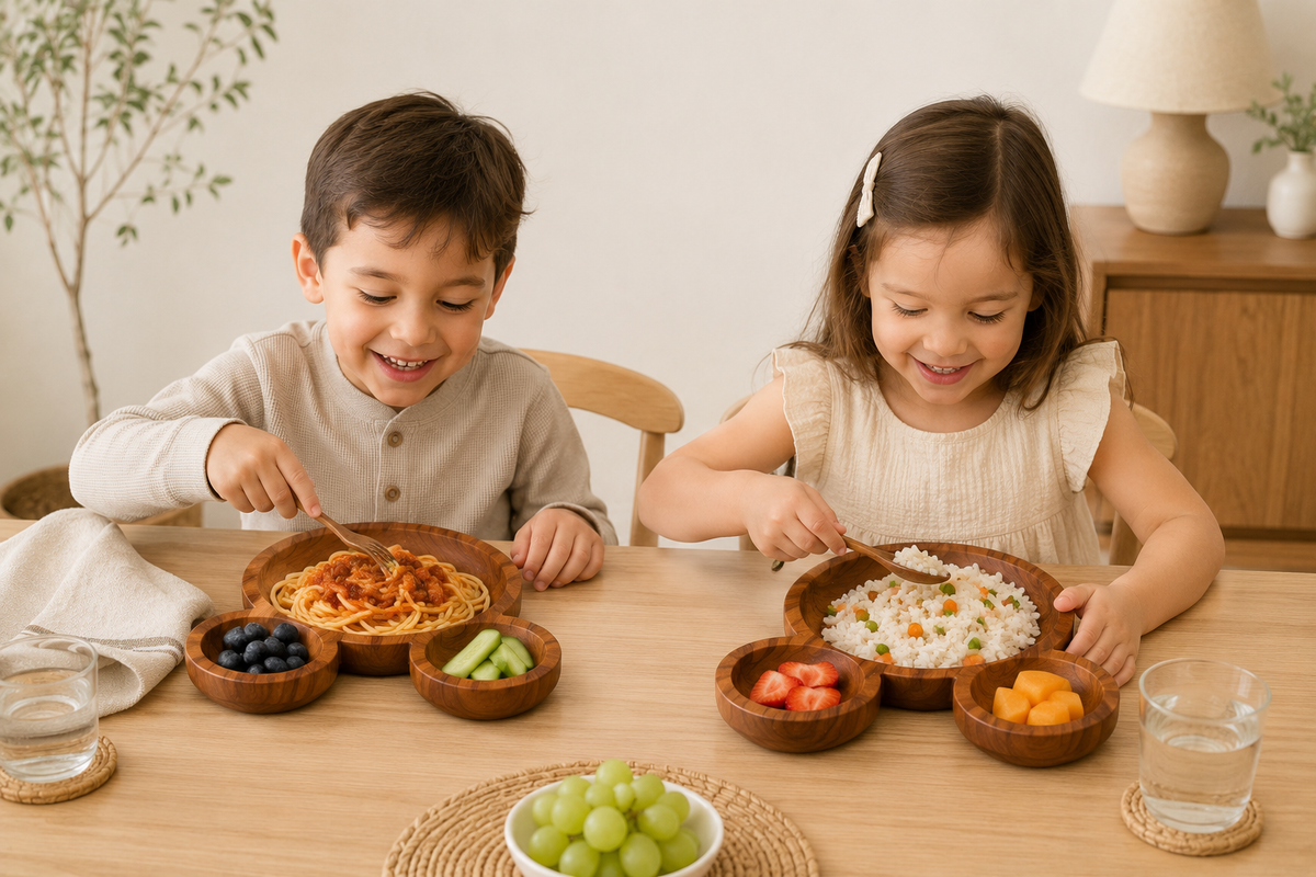 Two children sitting at a wooden table, smiling and eating from wooden bowls of spaghetti and rice with small side dishes, in a warm, brightly lit room.