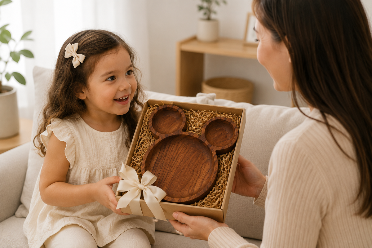 A woman and a young girl smile while the woman presents a wooden Mickey Mouse-shaped tray set in a gift box with a cream ribbon, in a bright, modern living room setting.