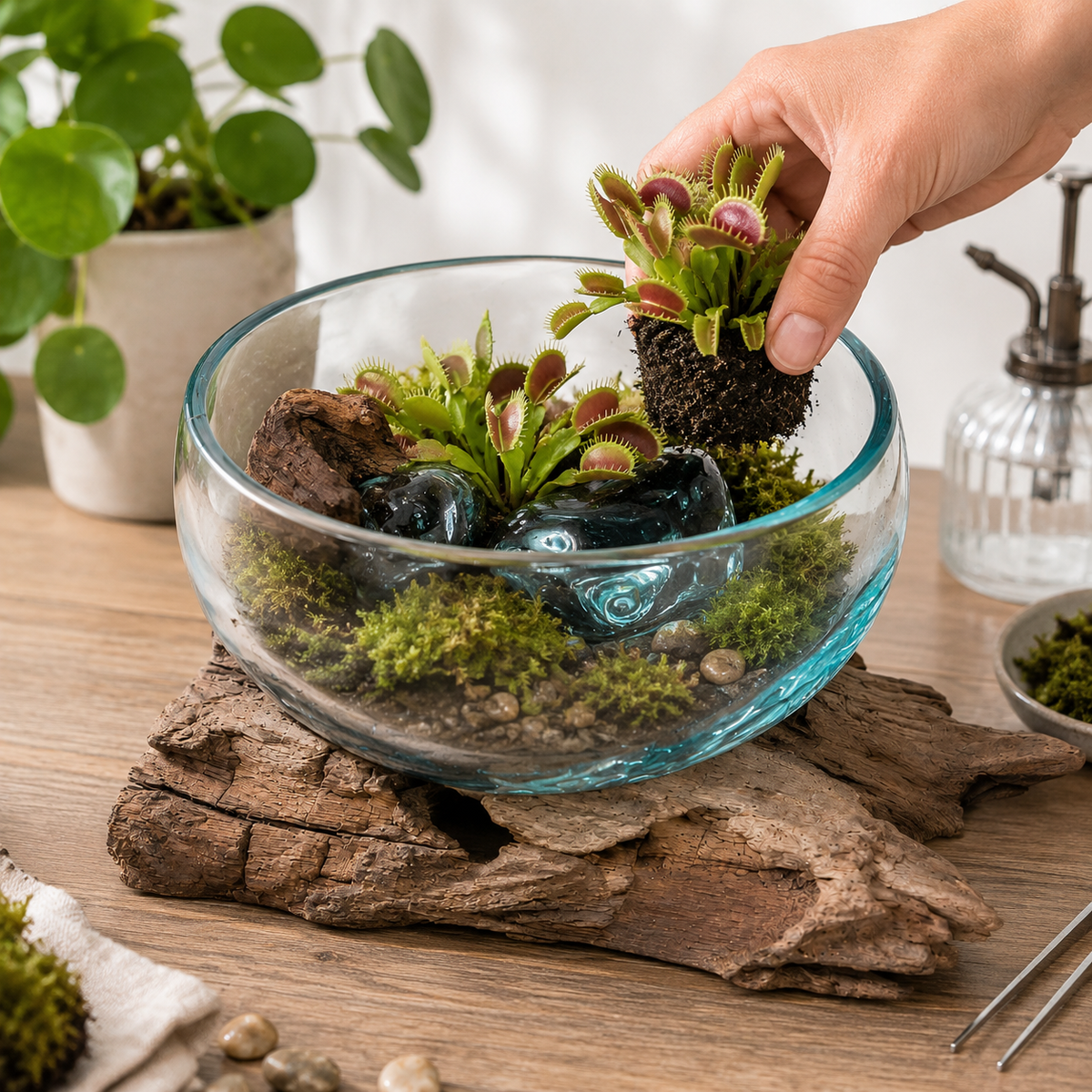 Hand blown glass bowl on driftwood