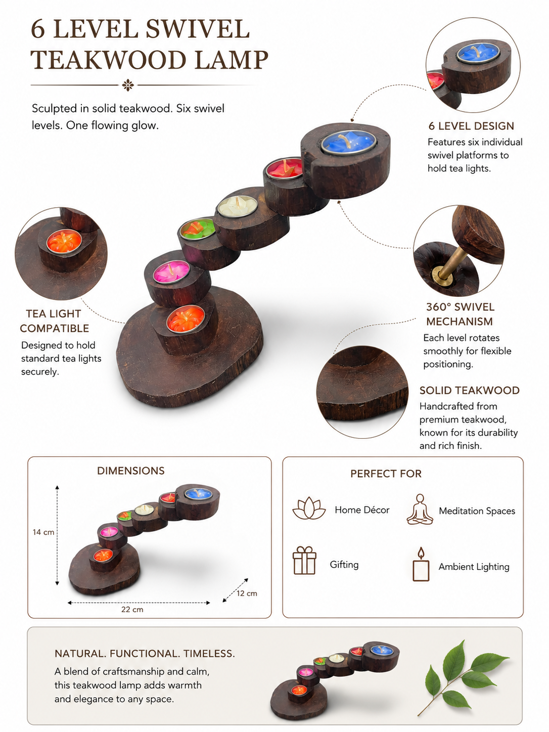 A set of five dark wooden tea light candle holders with lit tealight candles 