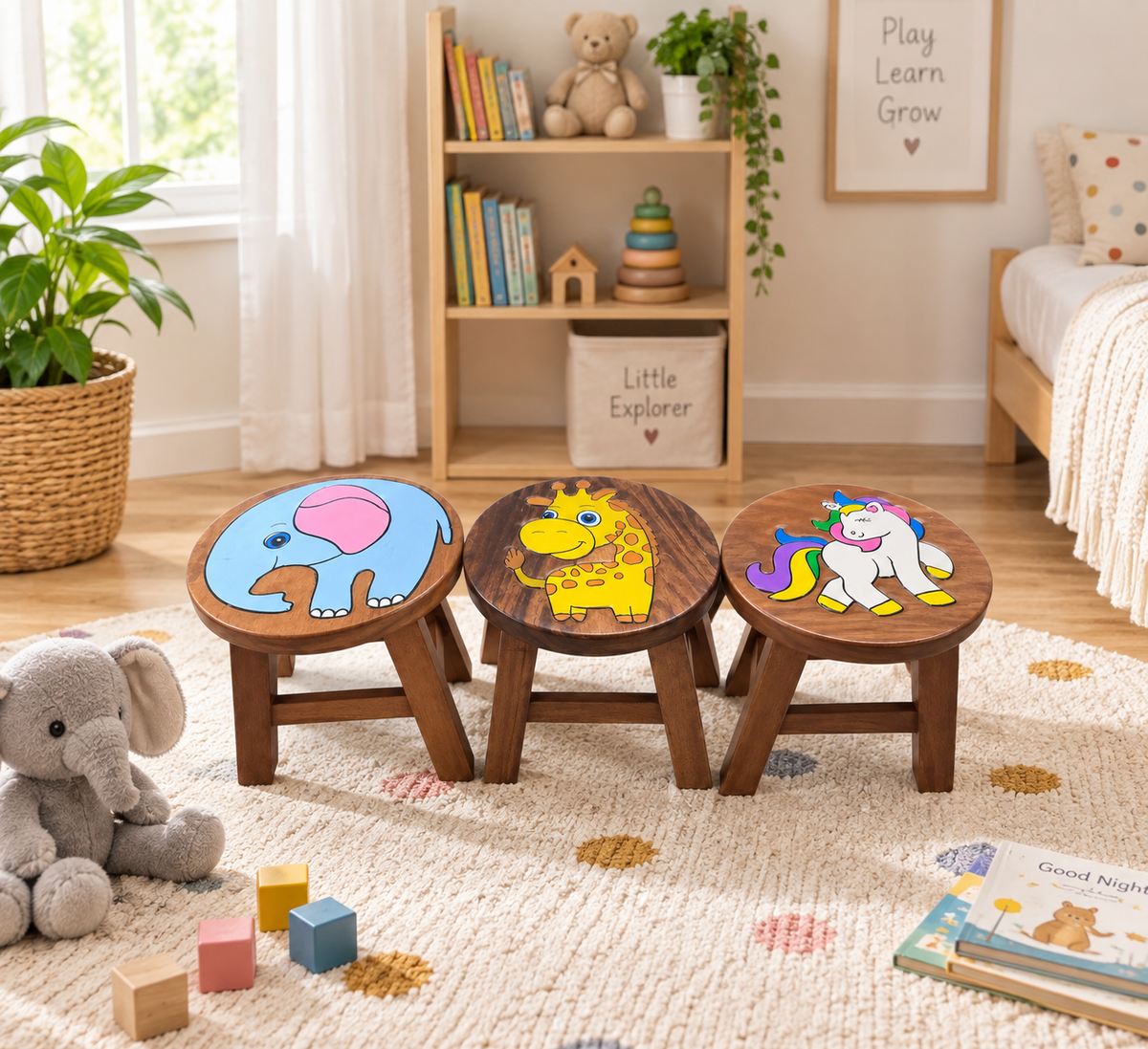 Hand-Painted Wooden Kids Stool – Engraved Animal Designs