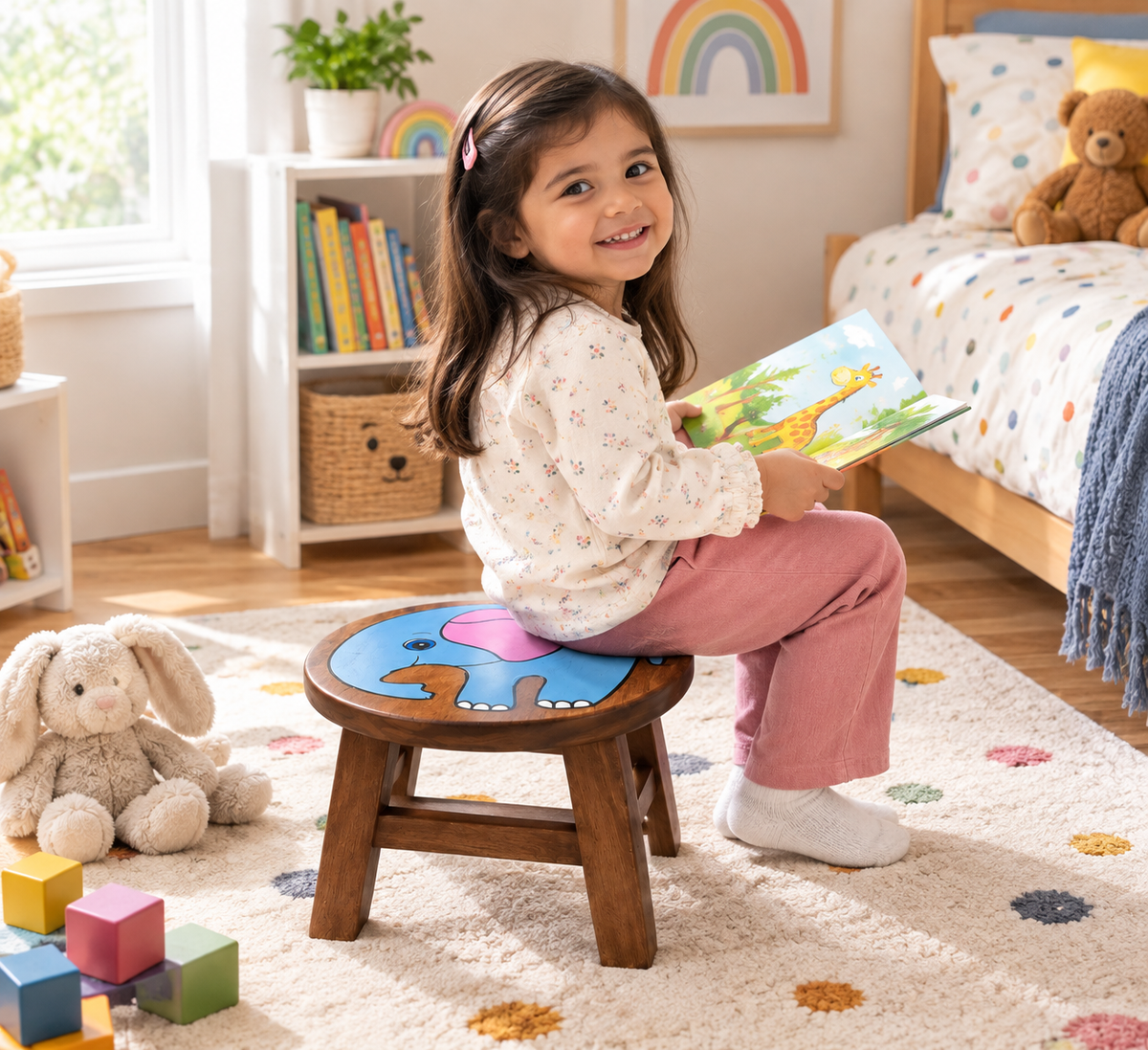 Hand-Painted Wooden Kids Stool – Engraved Animal Designs