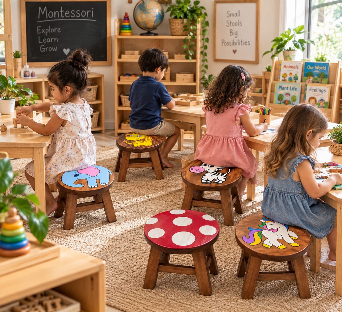 Hand-Painted Wooden Kids Stool – Engraved Animal Designs