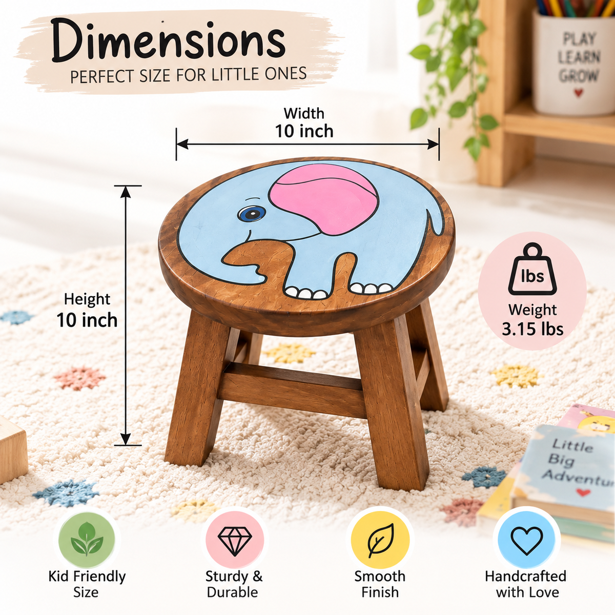 Hand-Painted Wooden Kids Stool – Engraved Animal Designs