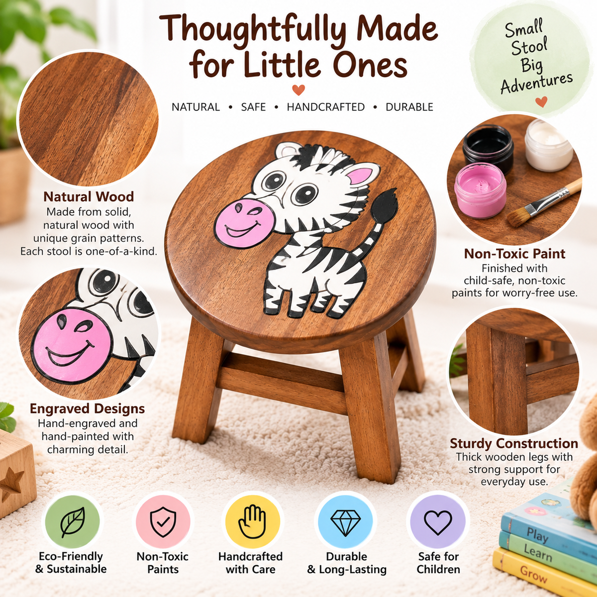 Hand-Painted Wooden Kids Stool – Engraved Animal Designs