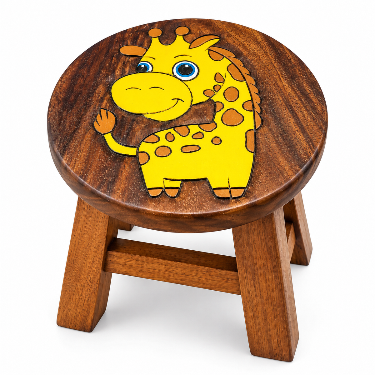 Hand-Painted Wooden Kids Stool – Engraved Animal Designs