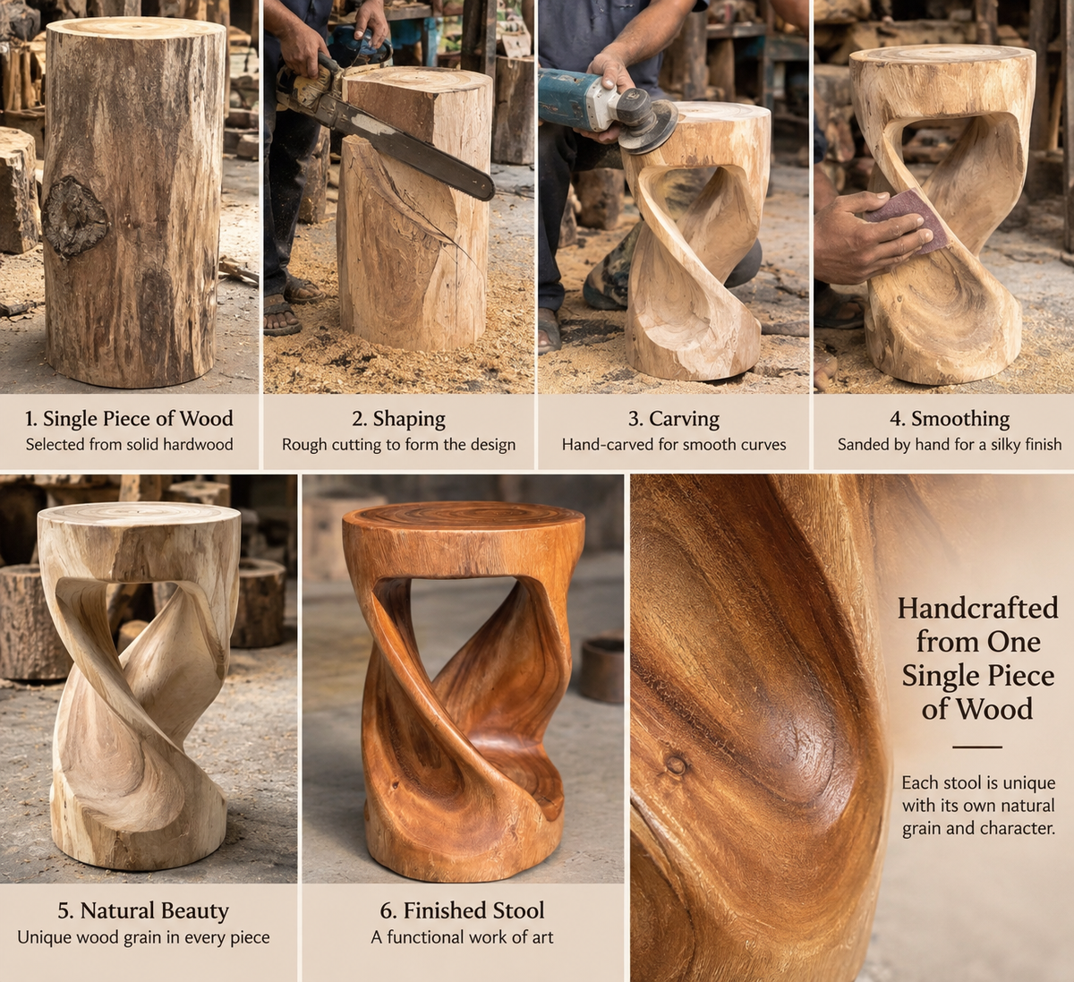 Twist stool carved from one solid piece of Rainwood