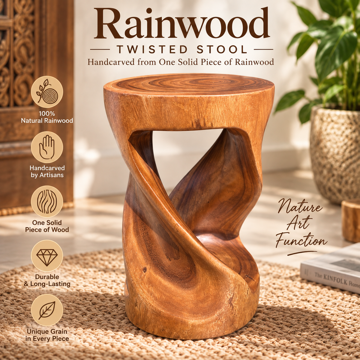 Natural wood grain on hand-carved Rainwood twist stool