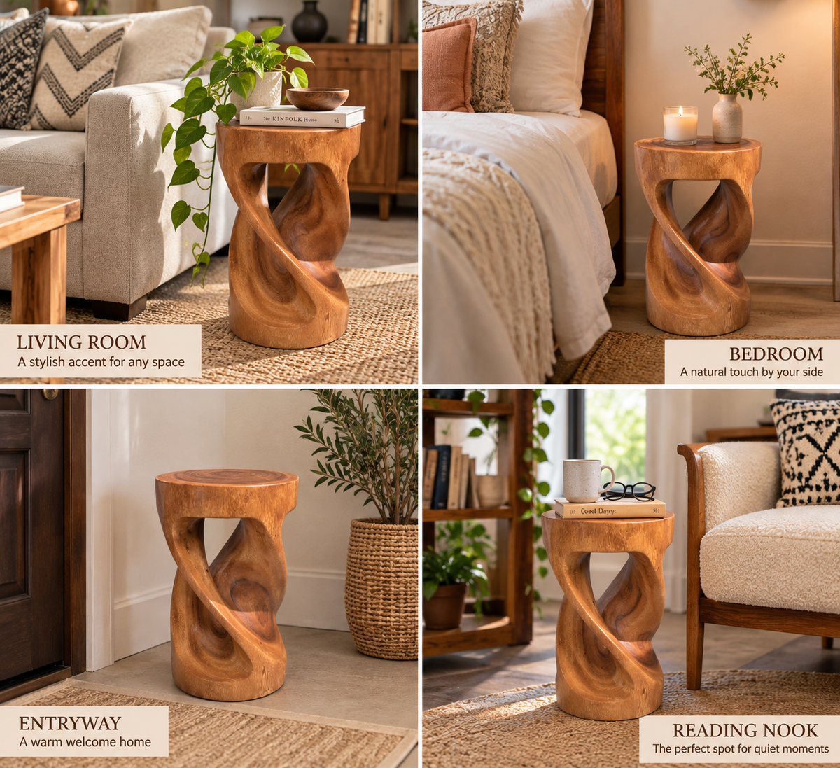 Rainwood twist stool used as a living and bedroomroom side table