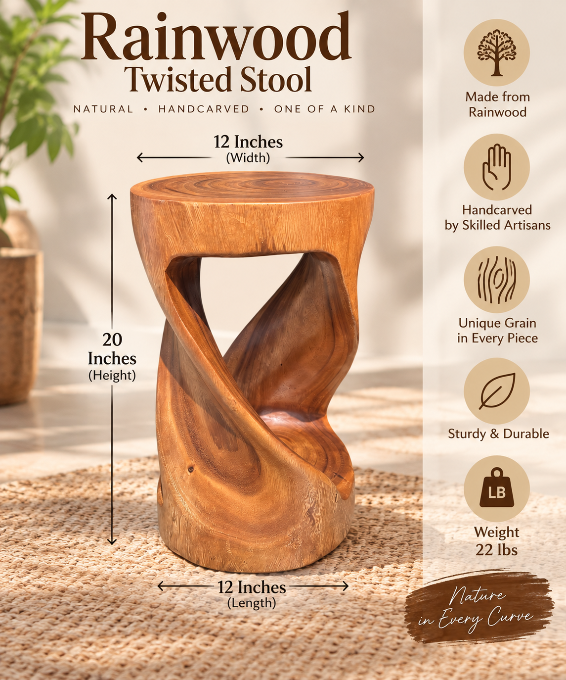 Rainwood twist stool measuring 20 inches high by 12 inches wide