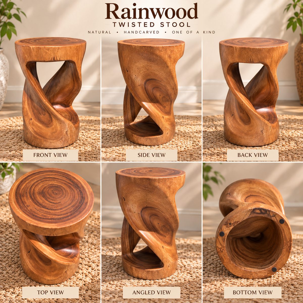 Hand-carved Rainwood twist stool shown from multiple angles