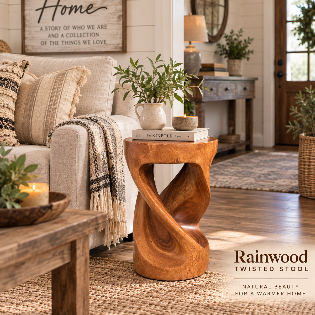 Hand-carved Rainwood accent table styled in an entryway