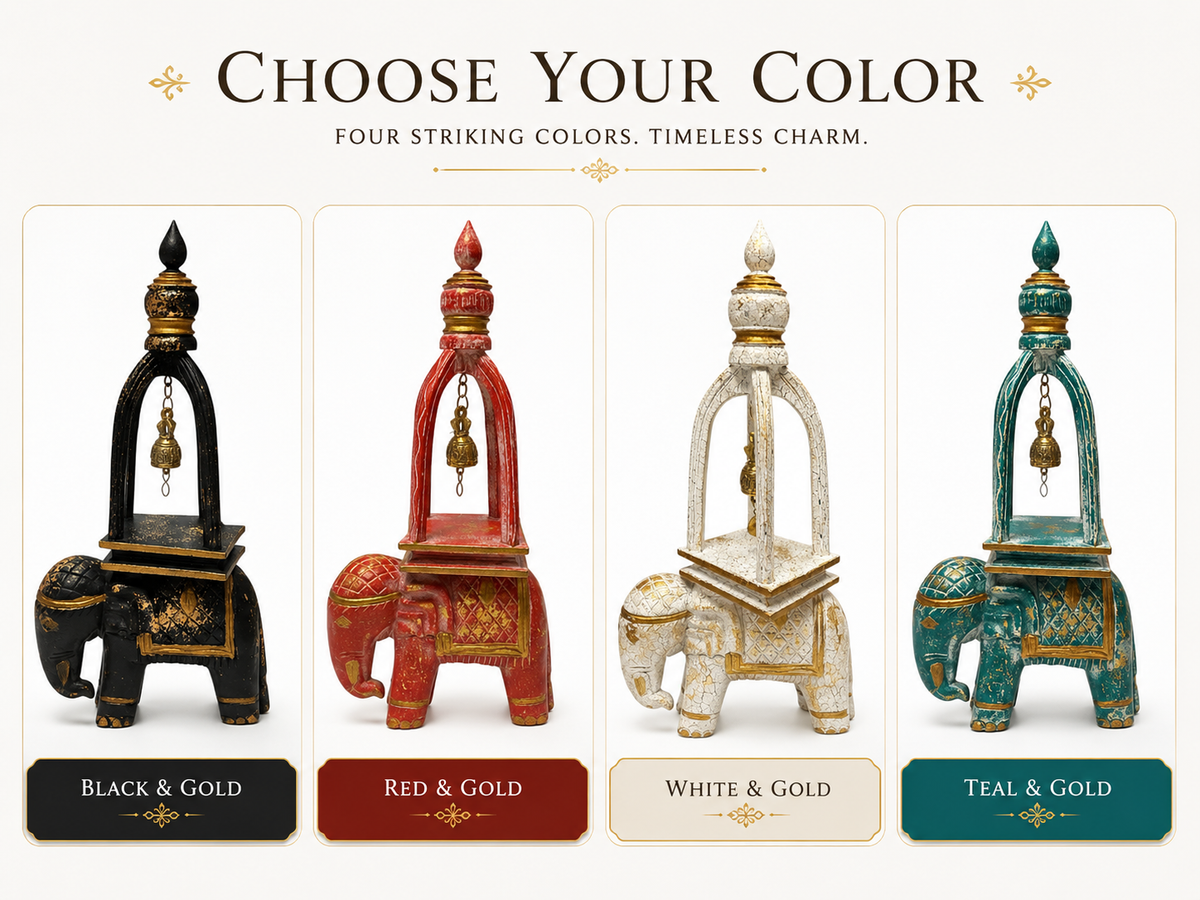 A color selection graphic showing four decorative elephant-shaped hanging ornaments in different finishes: black and gold, red and gold, white and gold, and teal and gold. Large text at the top reads 'CHOOSE YOUR COLOR' with smaller text below, and each colorway is labeled with a color name and gold decorative details.