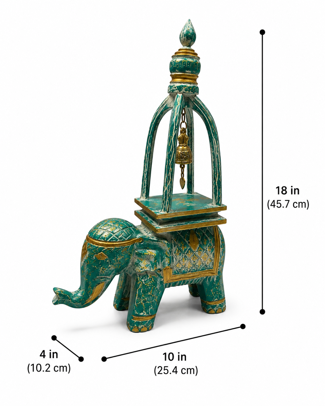 An ornate teal and gold elephant figurine with a decorative canopy structure on its back, shown on a white background with dimension labels indicating 18 in height, 10 in width, and 4 in depth.