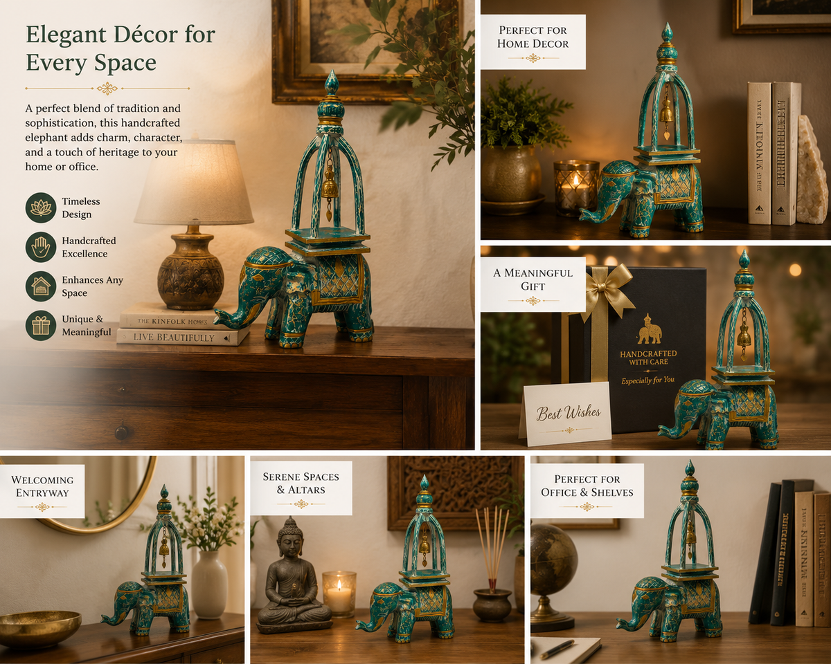 A collage of six lifestyle product photos showcasing a decorative turquoise and gold elephant figurine with a hanging lantern. The figurine is styled in various home environments including a wooden shelf with books, a lamp, and a Buddha statue, with text overlays describing its benefits for home decor and office space.