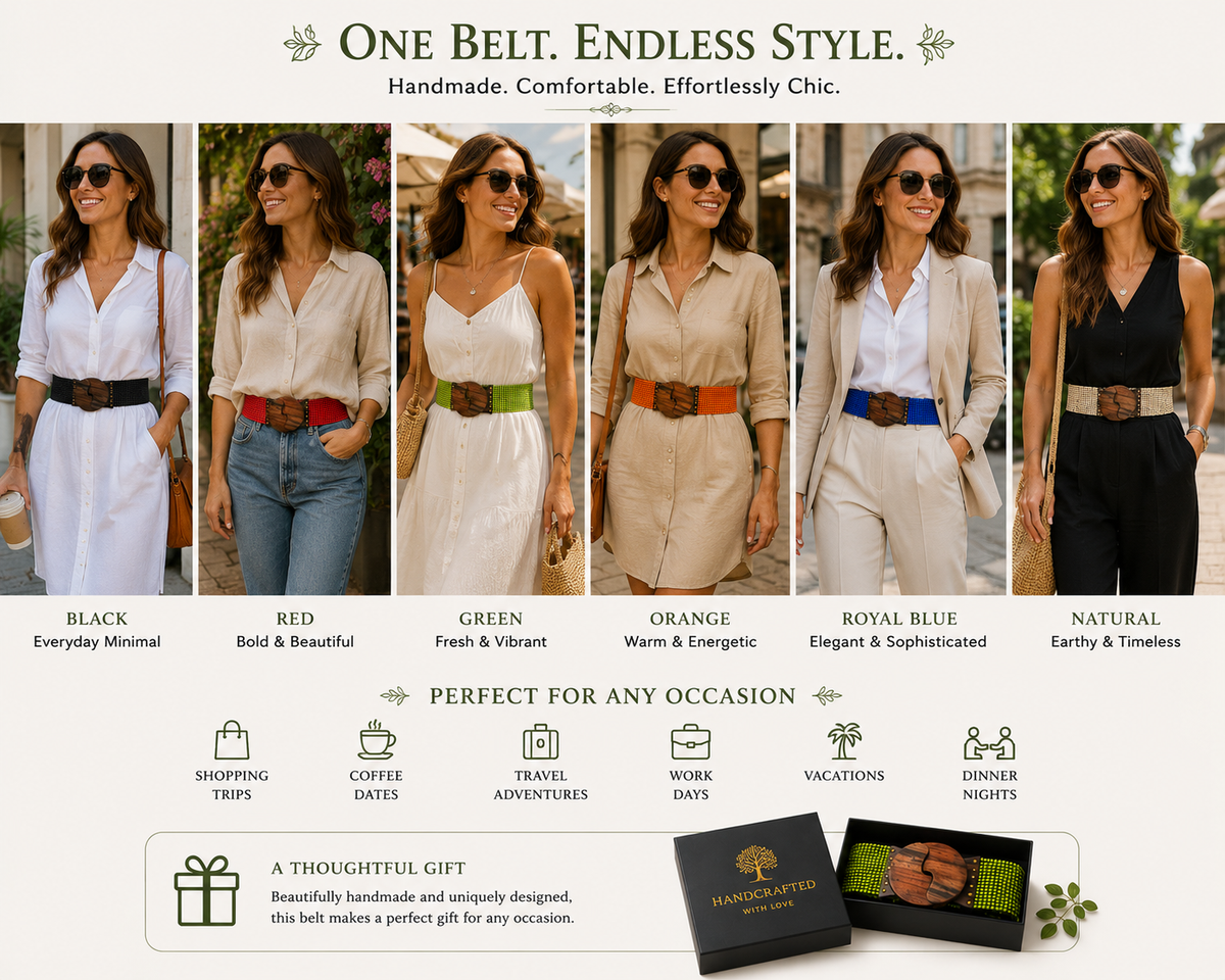 models with different color beaded belt