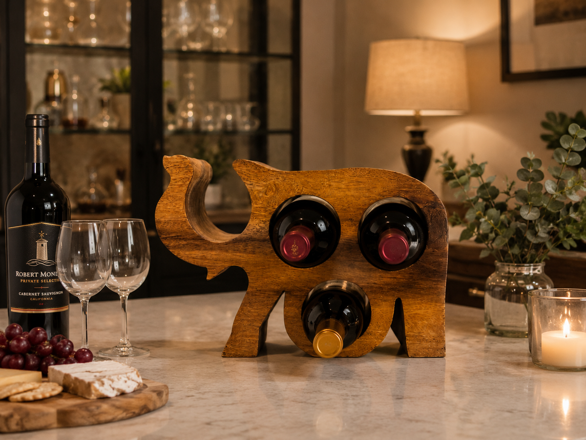 Elephant shaped - Acacia Wood 4 bottle Wine holder and bar display