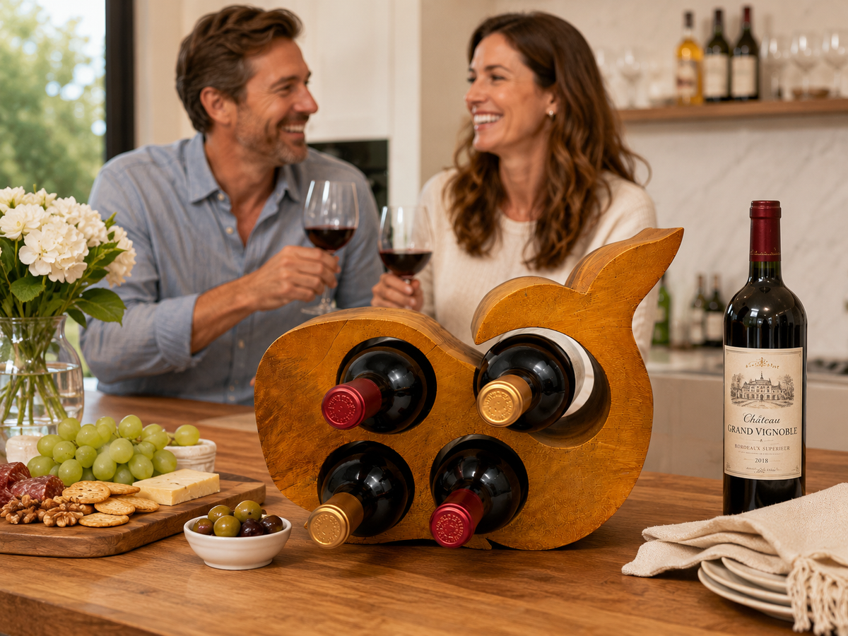 Whale Shaped - Acacia Wood 4 bottle Wine holder and bar display