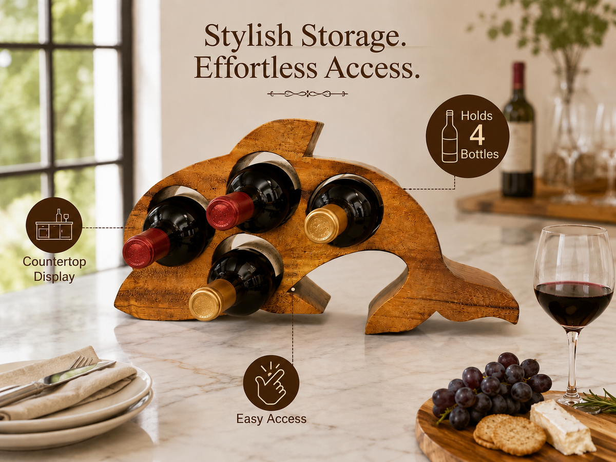 Dolphin shaped Acacia Wood 4 bottle Wine holder and bar display