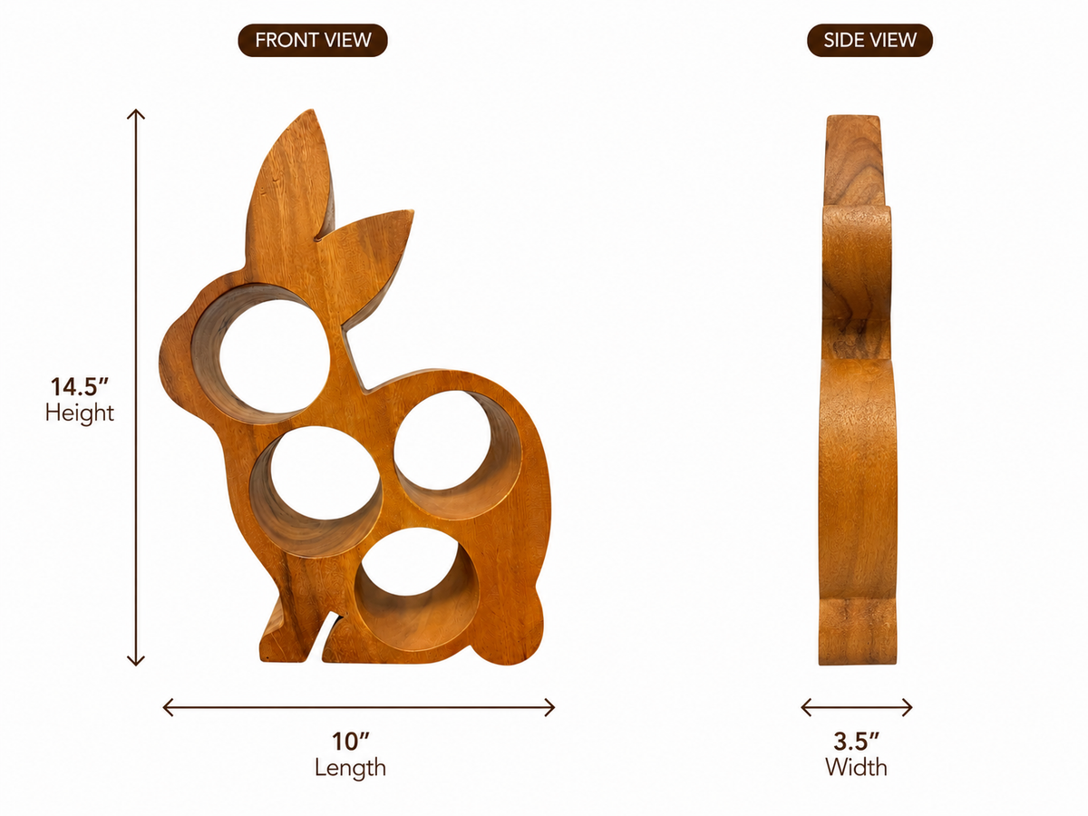 A wooden rabbit-shaped wine bottle holder shown with front and side views on a white background, with dimension labels indicating 14.5 inches height, 10 inches length, and 3.