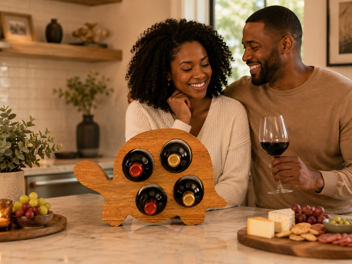 Turtle shaped - Acacia Wood 4 bottle Wine holder and bar display