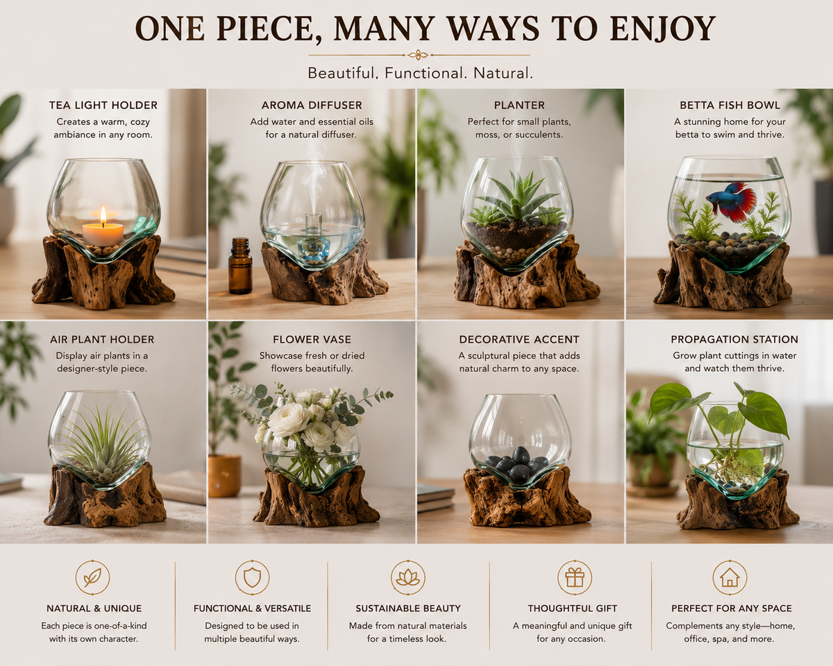 A promotional infographic showing eight glass terrarium-style home decor pieces arranged in a grid on a light beige background, with the headline 'ONE PIECE, MANY WAYS TO ENJOY' at the top. The pieces include tea light holder, aroma diffuser, planter, betta fish bowl, air plant holder, flower vase, decorative accent, and propagation station, each with a short description and a small photo of the product in use.