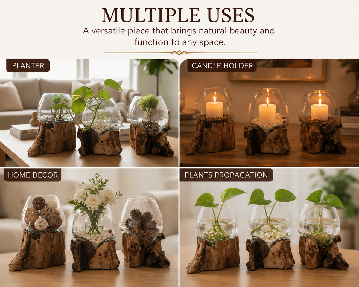 A 2x2 collage showing a glass terrarium-style plant holder with a natural wood base, labeled for multiple uses: planter, candle holder, home decor, and plants propagation. The top text reads 'MULTIPLE USES' and describes it as versatile for any space.