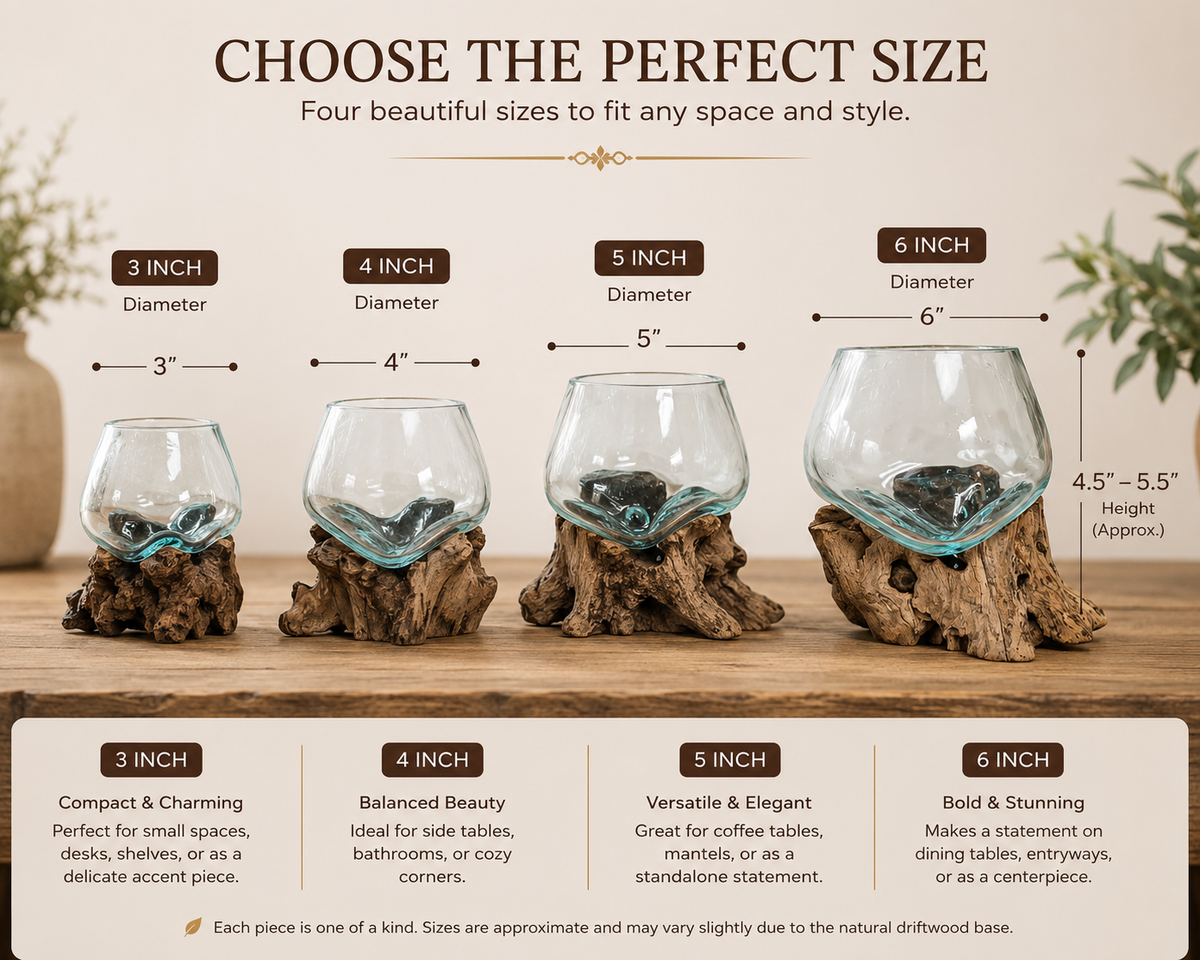 An infographic showing four driftwood glass bowls in different diameters (3, 4, 5, and 6 inches) displayed on natural driftwood bases. The image includes descriptive text for each size, diameter measurements, and height information, set against a warm beige background with a wooden tabletop.