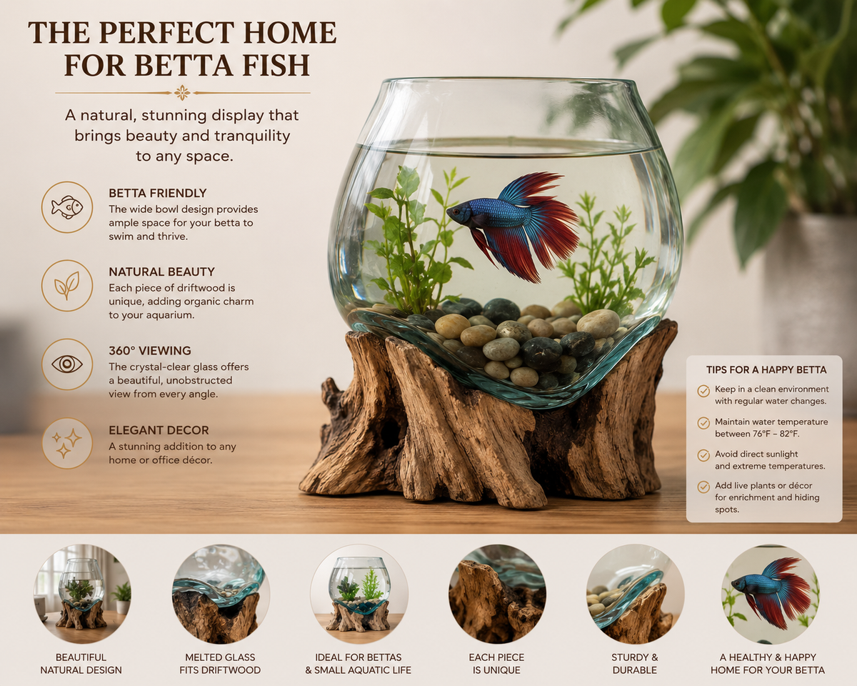 A decorative fish bowl set displayed on a wooden surface with marketing text and feature callouts. The main product appears to be a clear glass fish bowl containing blue and red betta fish, with green plants and pebbles, mounted on a natural wood base.