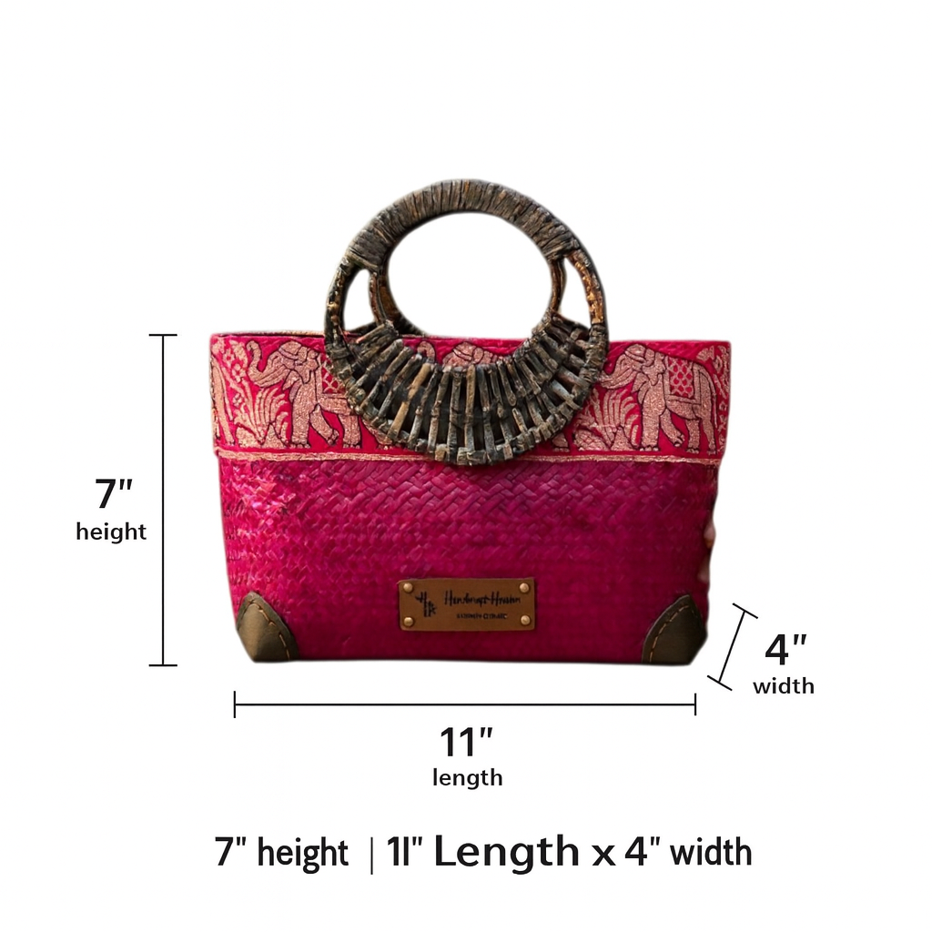 Pink handbag with measurements on a white background