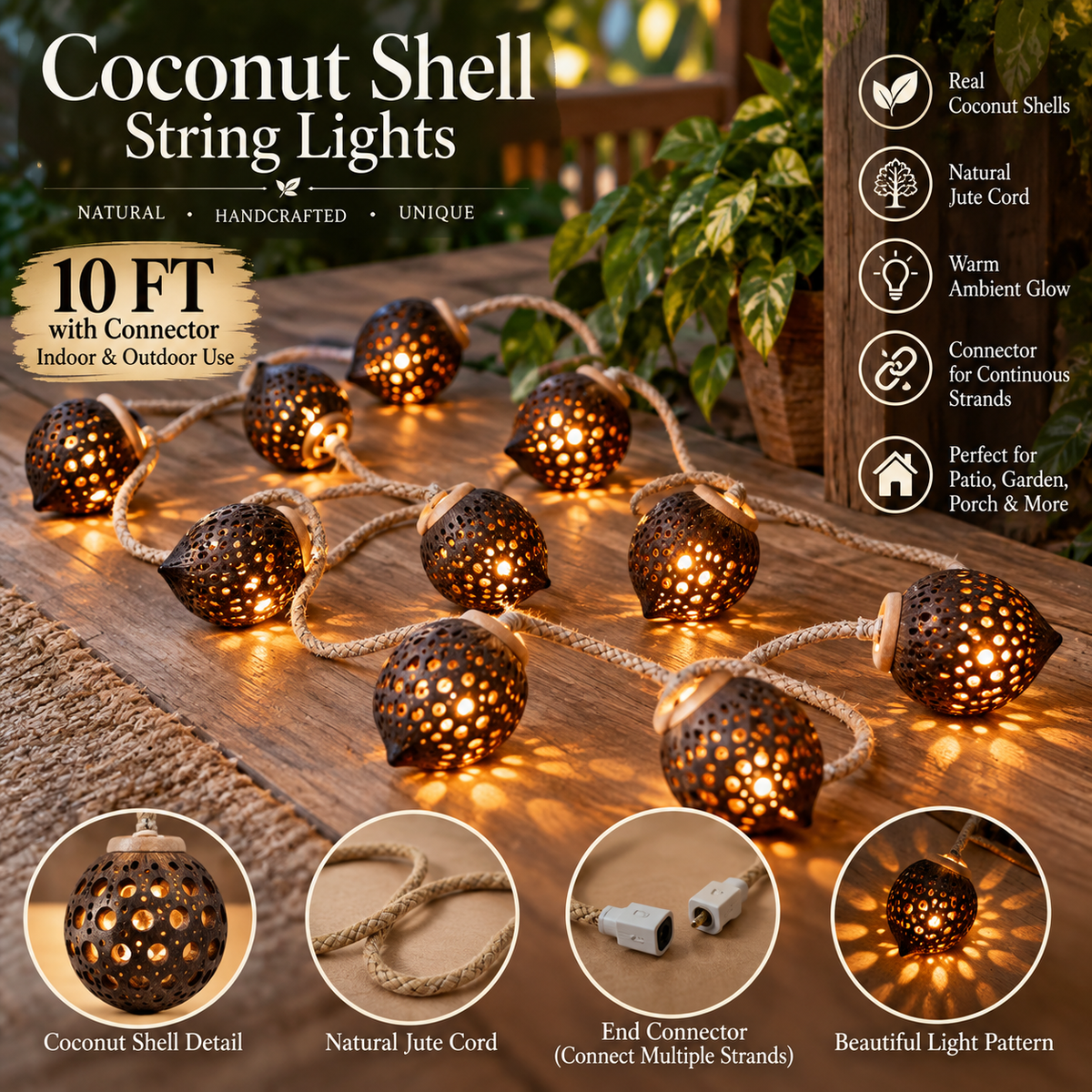 Coconut shell string lights glowing warm white on a wooden deck, with product text callouts on the left and right and close-up detail circles along the bottom showing the coconut shell cutouts, natural jute cord, connector, and light pattern.