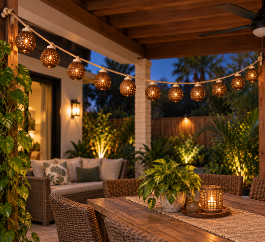 Outdoor coconut shell string lights with warm glowing spherical bulbs hanging over a patio dining area at dusk, with wicker chairs, a wooden table, plants, and a cozy seating nook in the background.