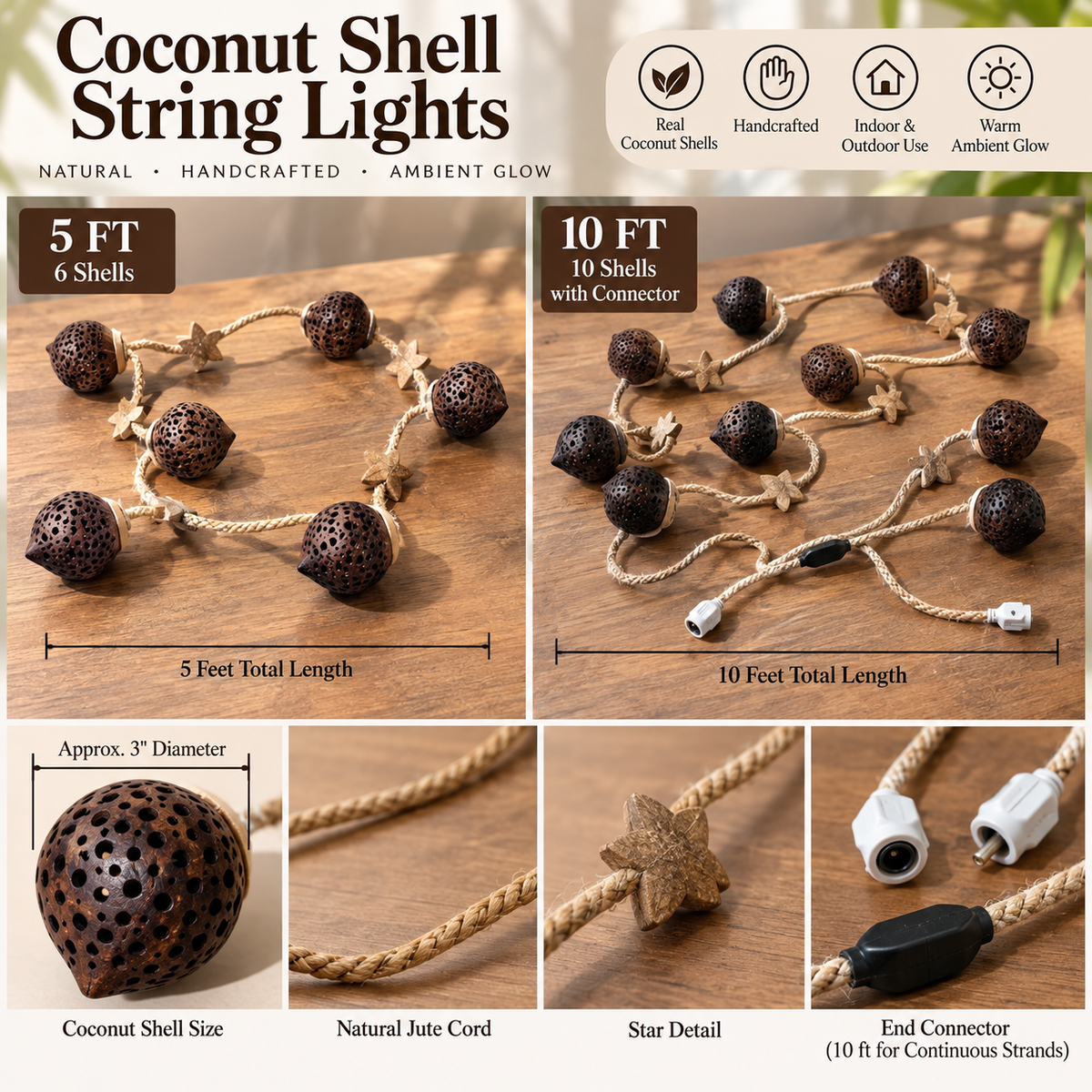 Coconut shell string lights shown in two lengths (5 ft and 10 ft) on a wooden background, with close-up details of the coconut shells, natural jute cord, star bead, and end connector. Features text overlays describing product specs and benefits.