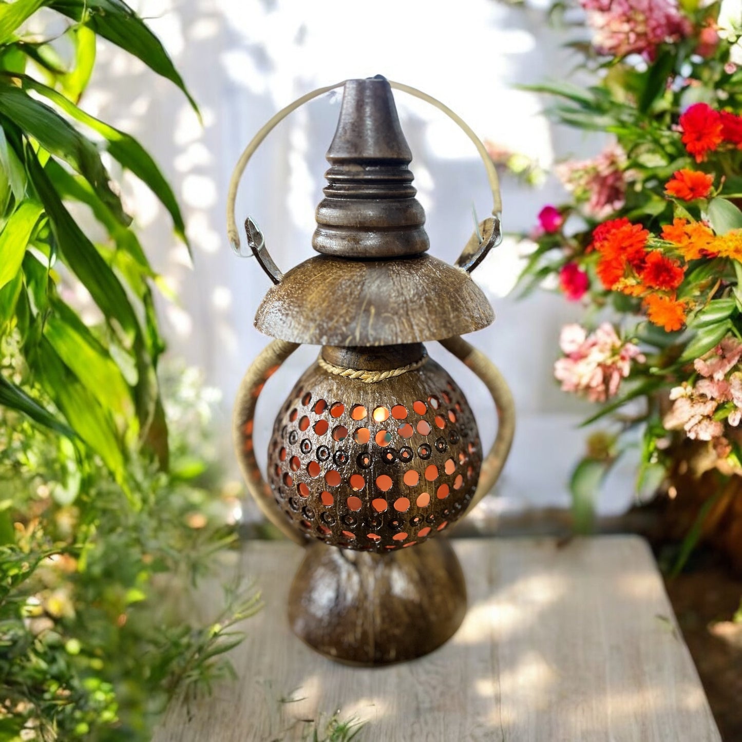 Decorative Coconut shell lantern with floral background