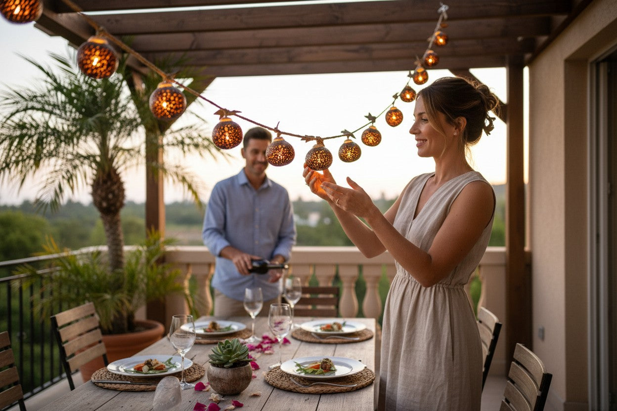 Couple setting up a romantic outdoor dinner with coco string lights on a balcony.