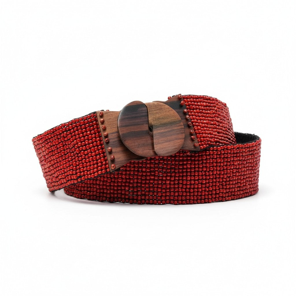 Handmade Beaded Stretch Waist Belt with Wooden Buckle – Boho Statement Belt