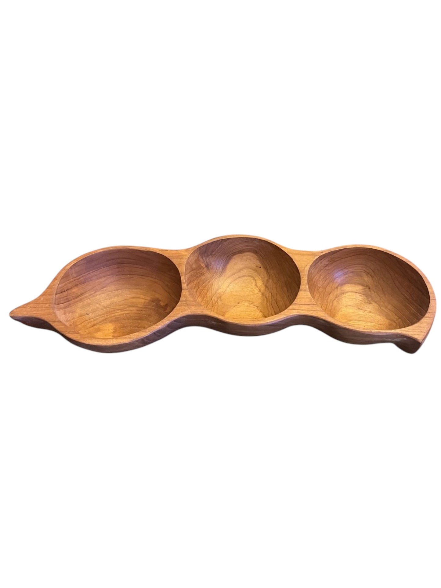 Pea-shaped teakwood 3-section serving tray for snacks and appetizers