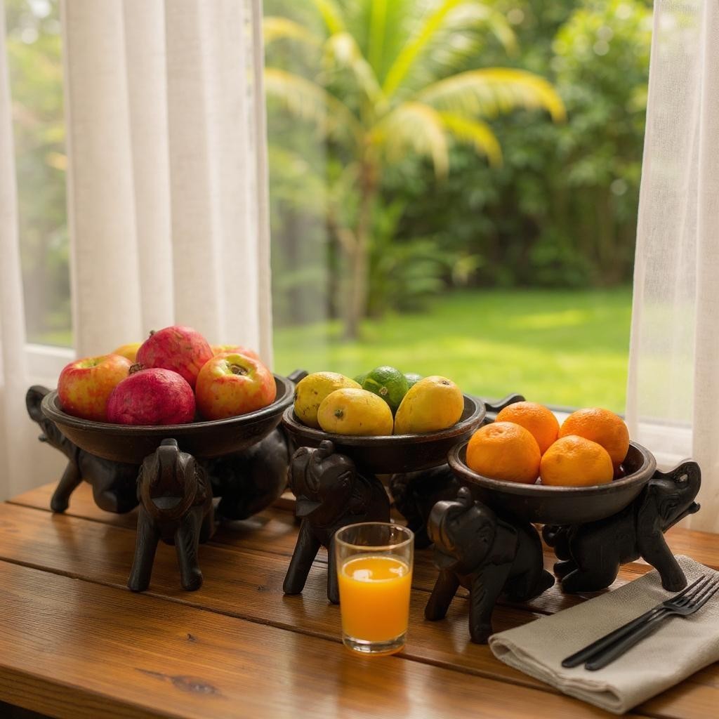 Bowl of fruits on a Triple Elephant Round Wood Tray Stand with a glass of orange juice and cutlery, outdoor view through window.