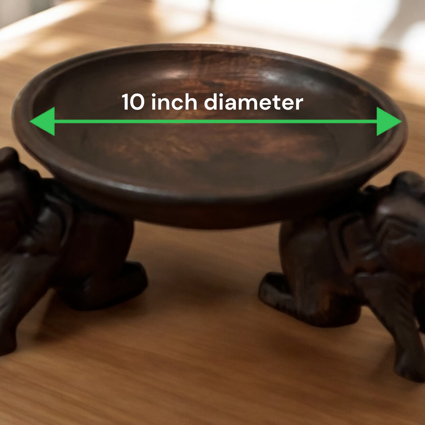 Triple Elephant Round Wood Tray Stand designs, labeled '10 inch diameter'.