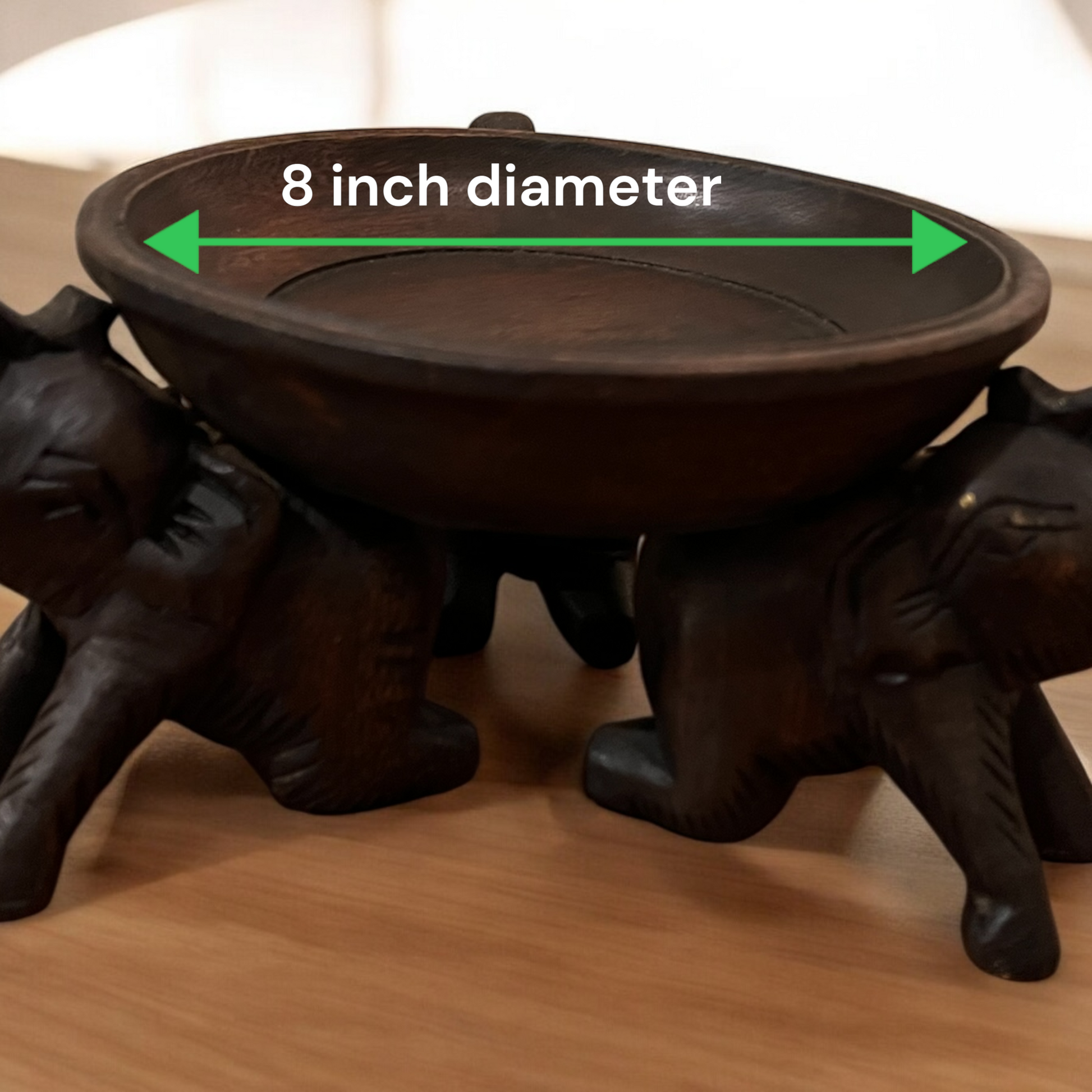 Triple Elephant Round Wood Tray Stand with a measurement label indicating 8-inch diameter.