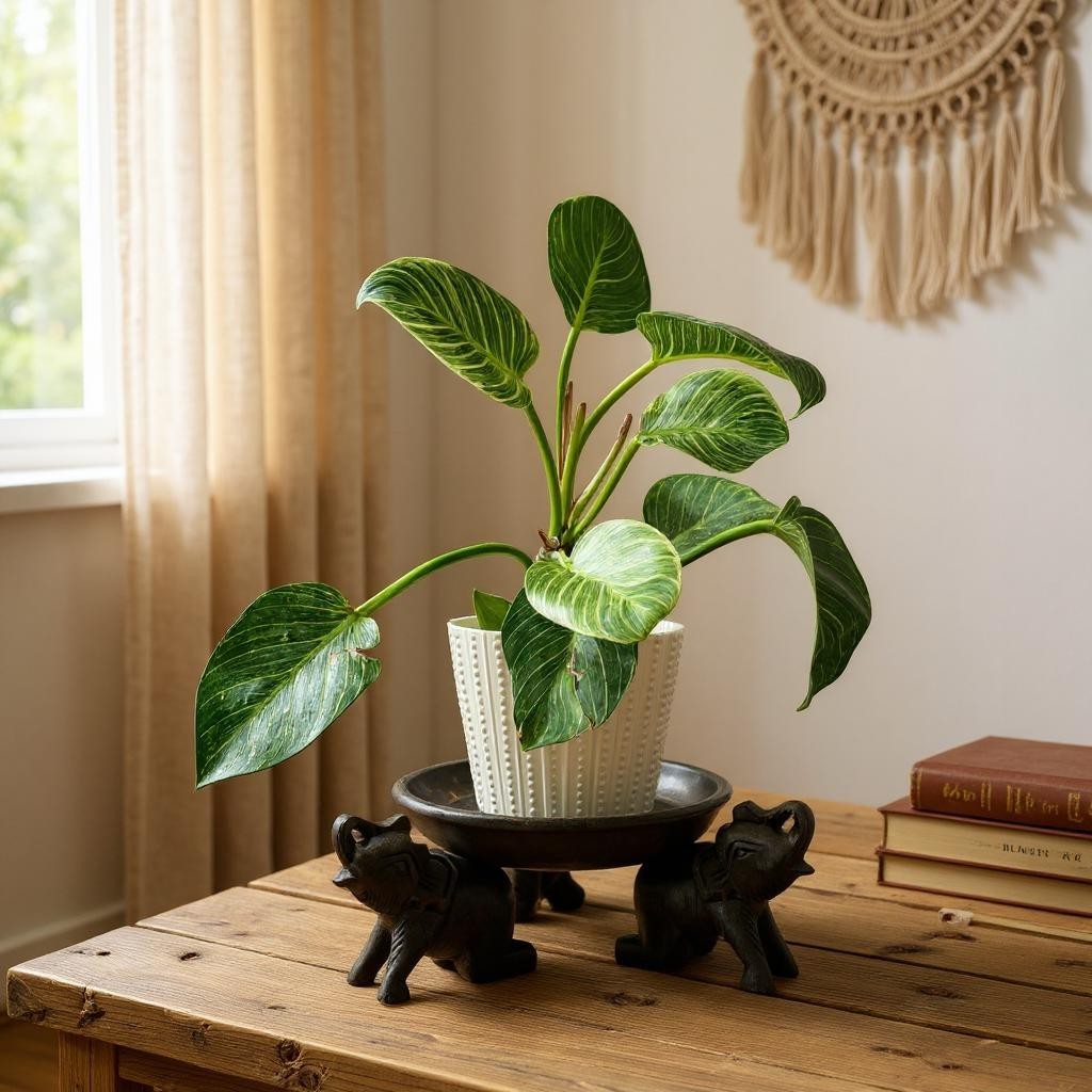 Potted plant on a Triple Elephant Round Wood Tray Stand with books and decorative items in a room.