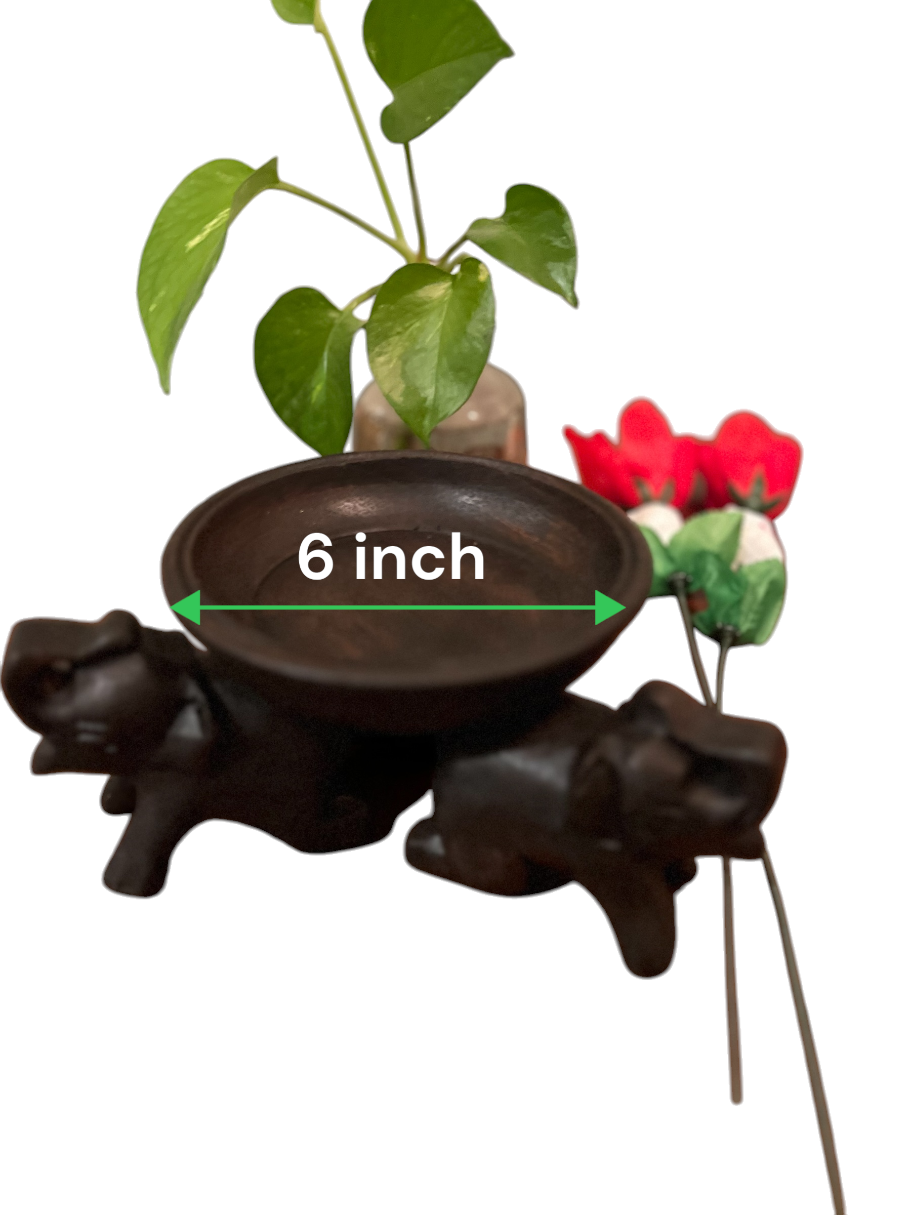 Decorative Triple Elephant Round Wood Tray Stand with a plant and flowers, showing a measurement of 6 inches.